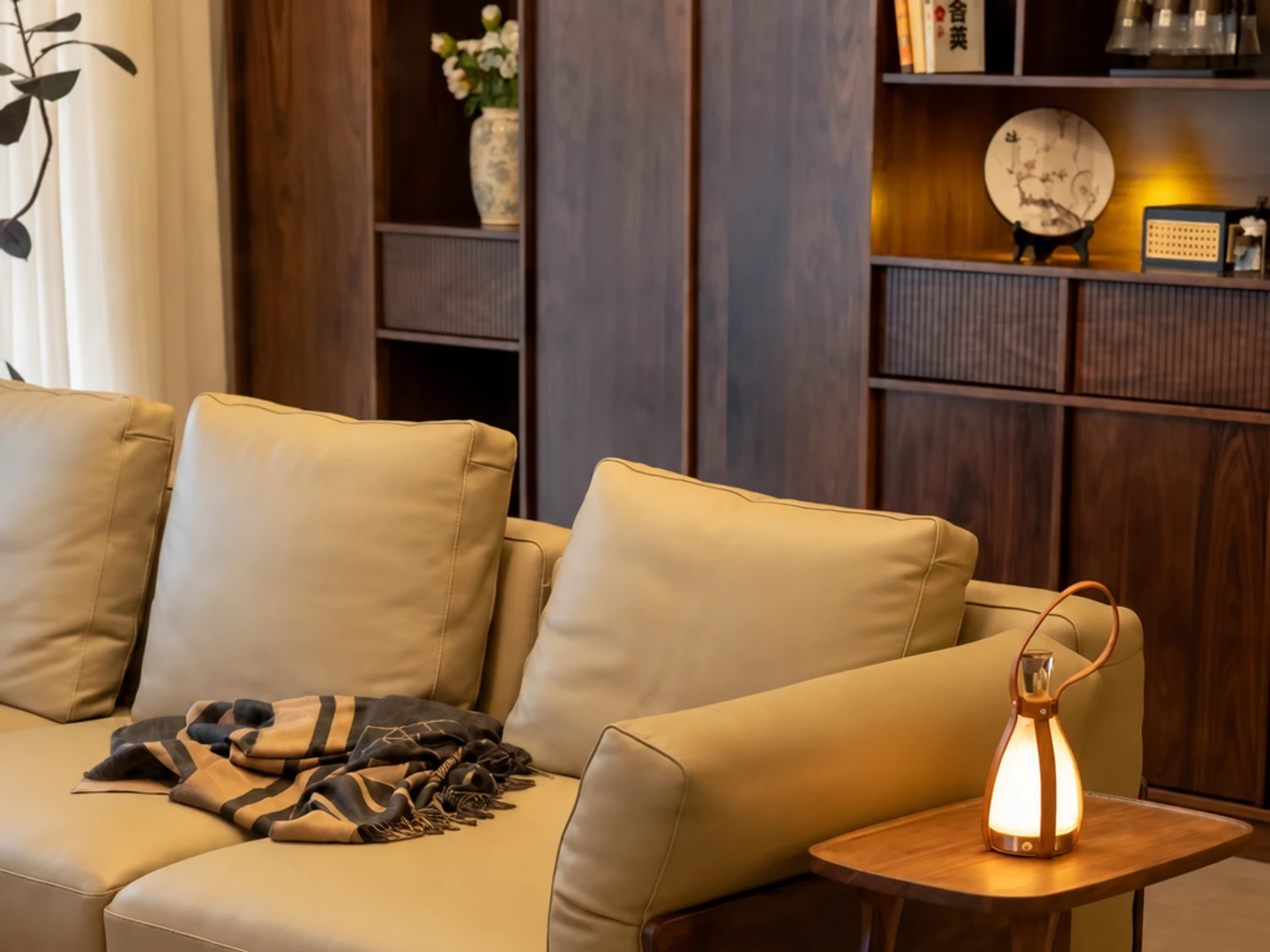 Black walnut cabinetry and furniture in a finished living room